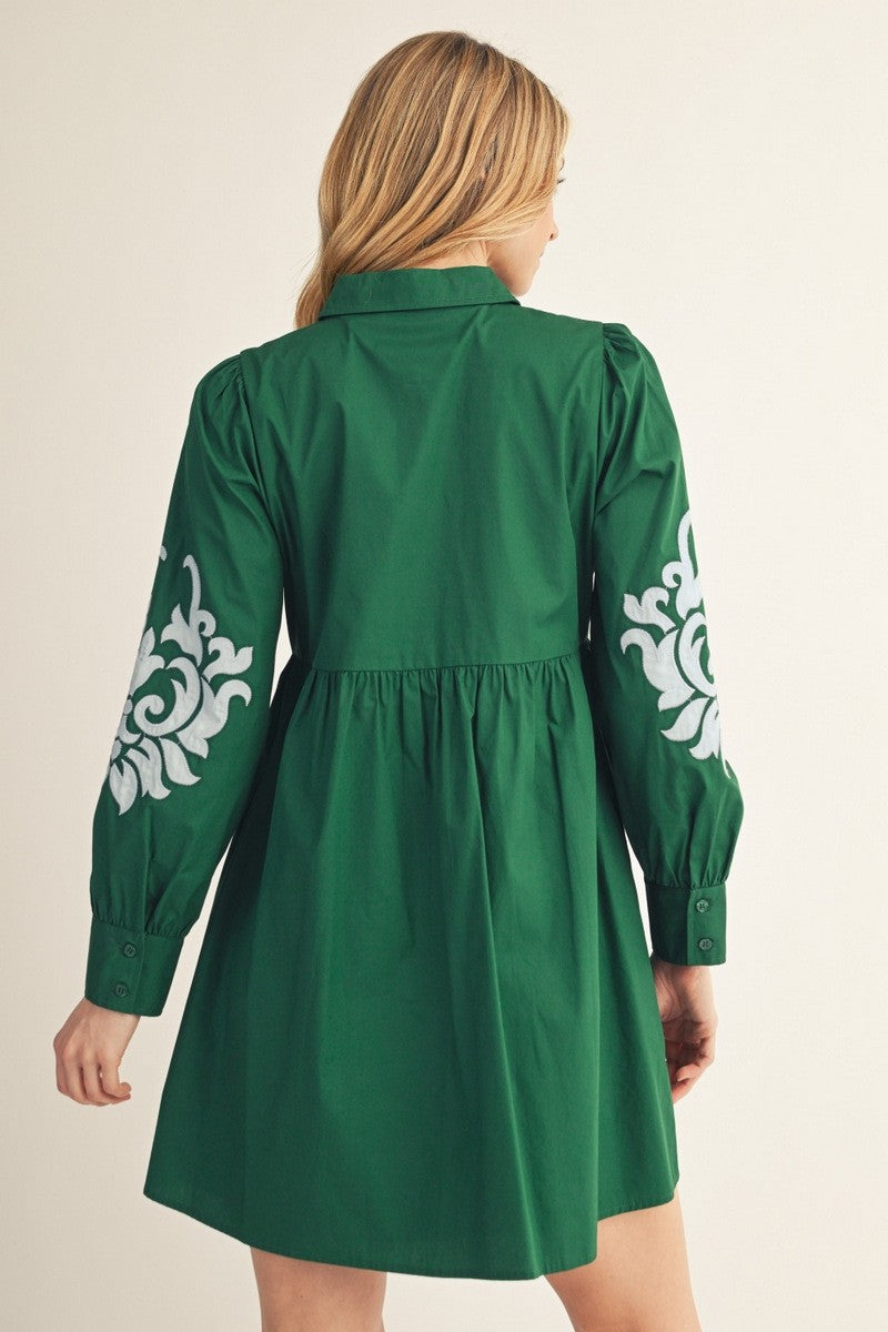 Emerald Green Embroidered Shirt Dress