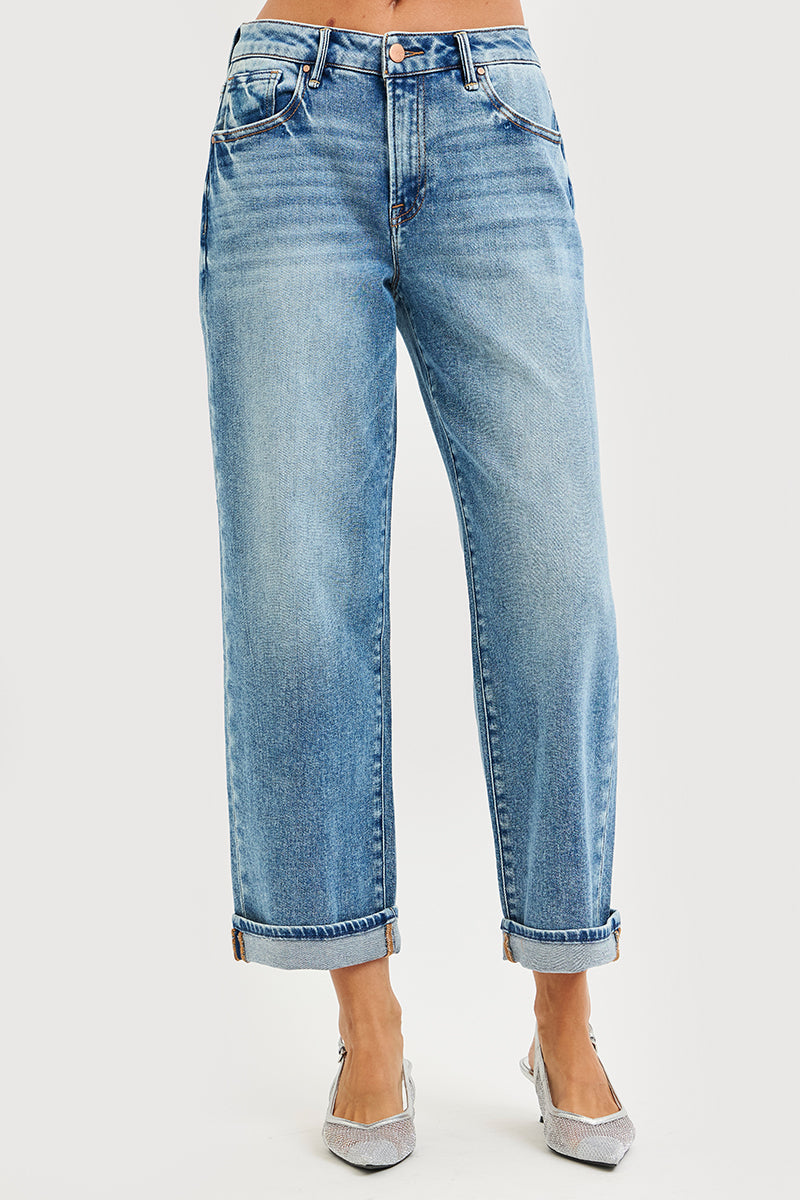 Risen PG21003 medium-wash cuffed boyfriend jeans, view 2