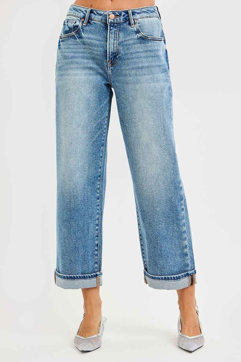 Risen PG21003 medium-wash cuffed boyfriend jeans, view 3