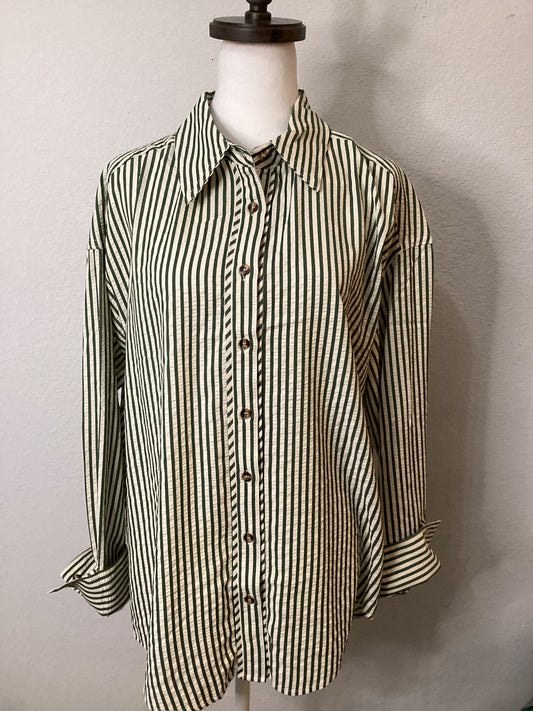 Green and White Striped Button Down