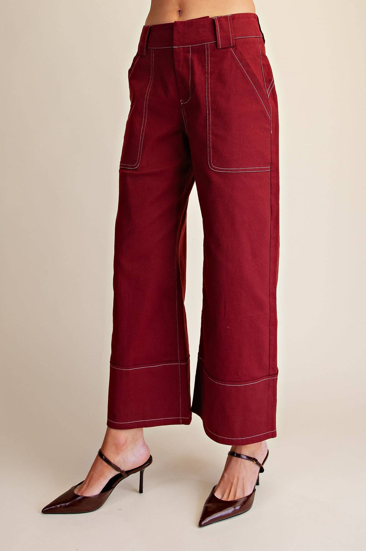 High Rise Stitch Detail Crop Wide-Leg Trouser