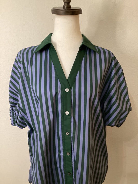 Hunter Green and Lavender Blue Button Down Puff Sleeve