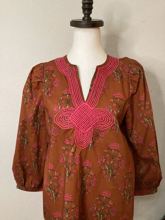 Brown and Pink Puff 3/4 Puff Sleeve Top