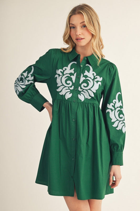 Emerald Green Embroidered Shirt Dress