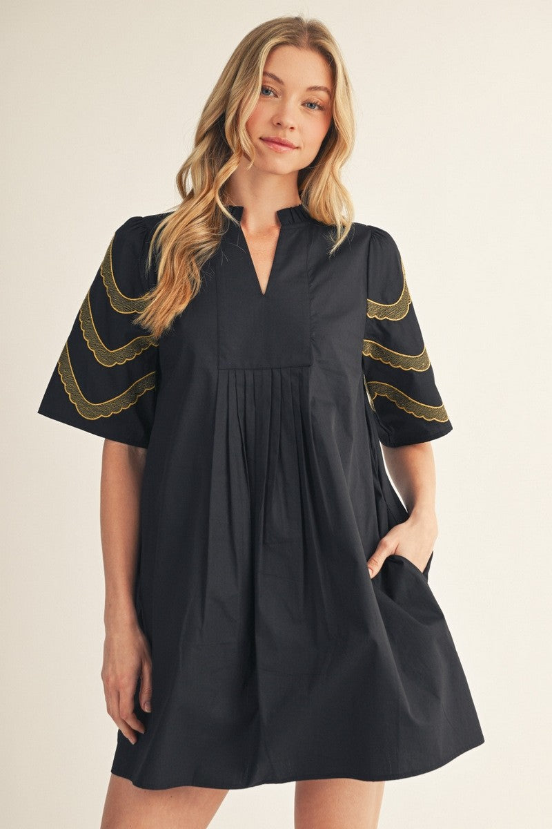 Black & Gold Embroidered Sleeve Dress