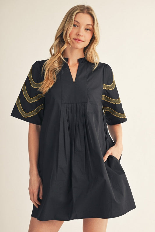 Black & Gold Embroidered Sleeve Dress