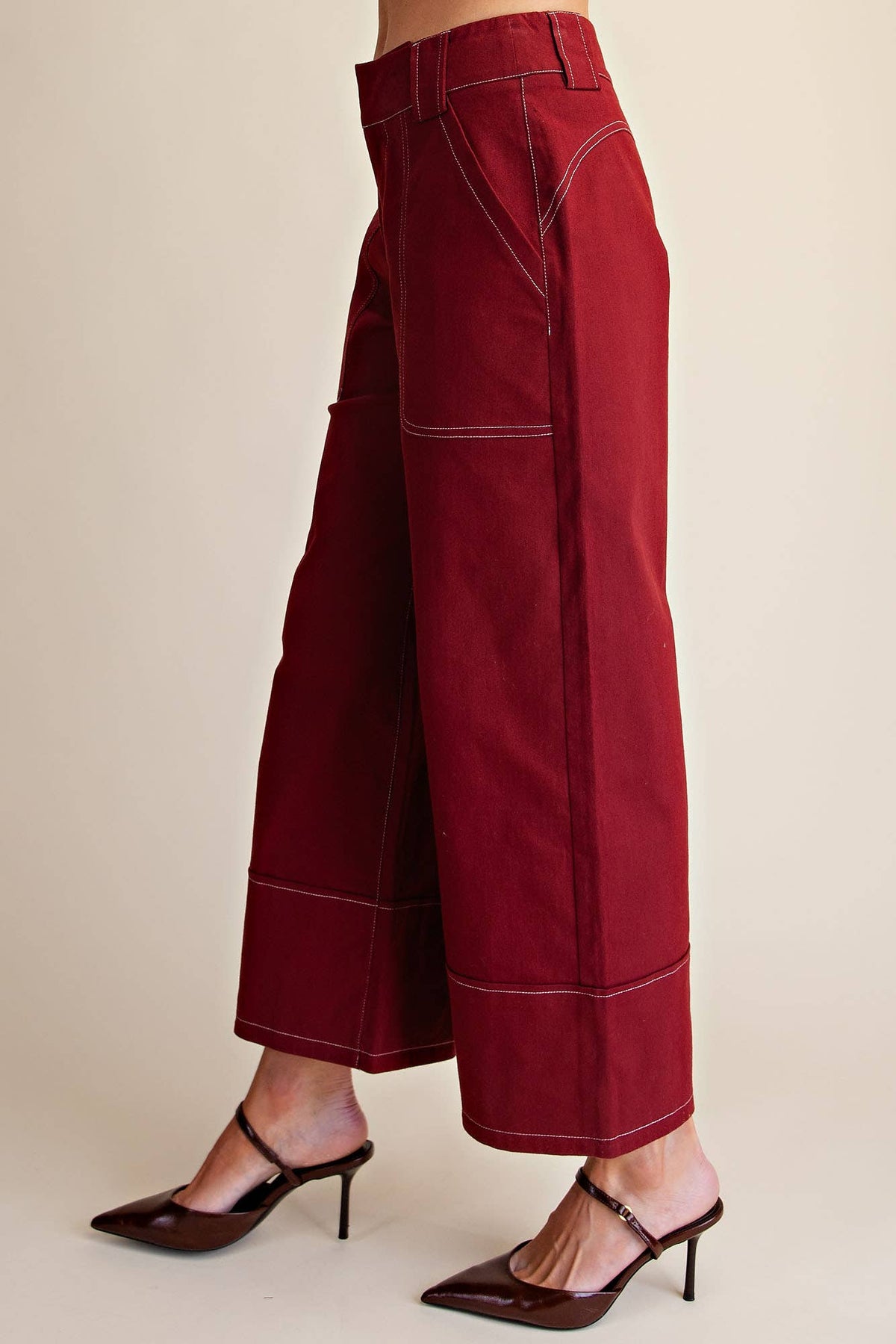 High Rise Stitch Detail Crop Wide-Leg Trouser