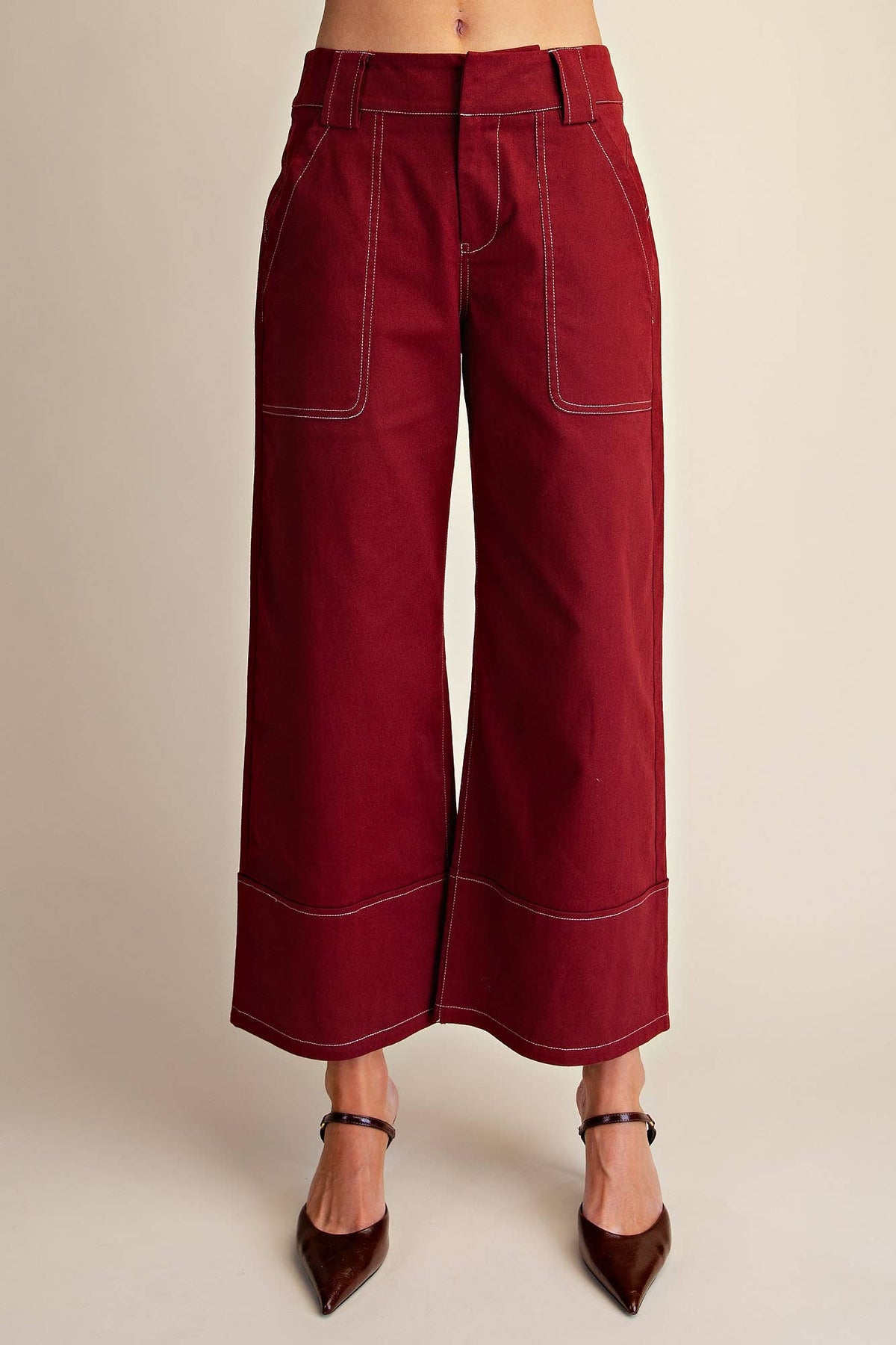 High Rise Stitch Detail Crop Wide-Leg Trouser