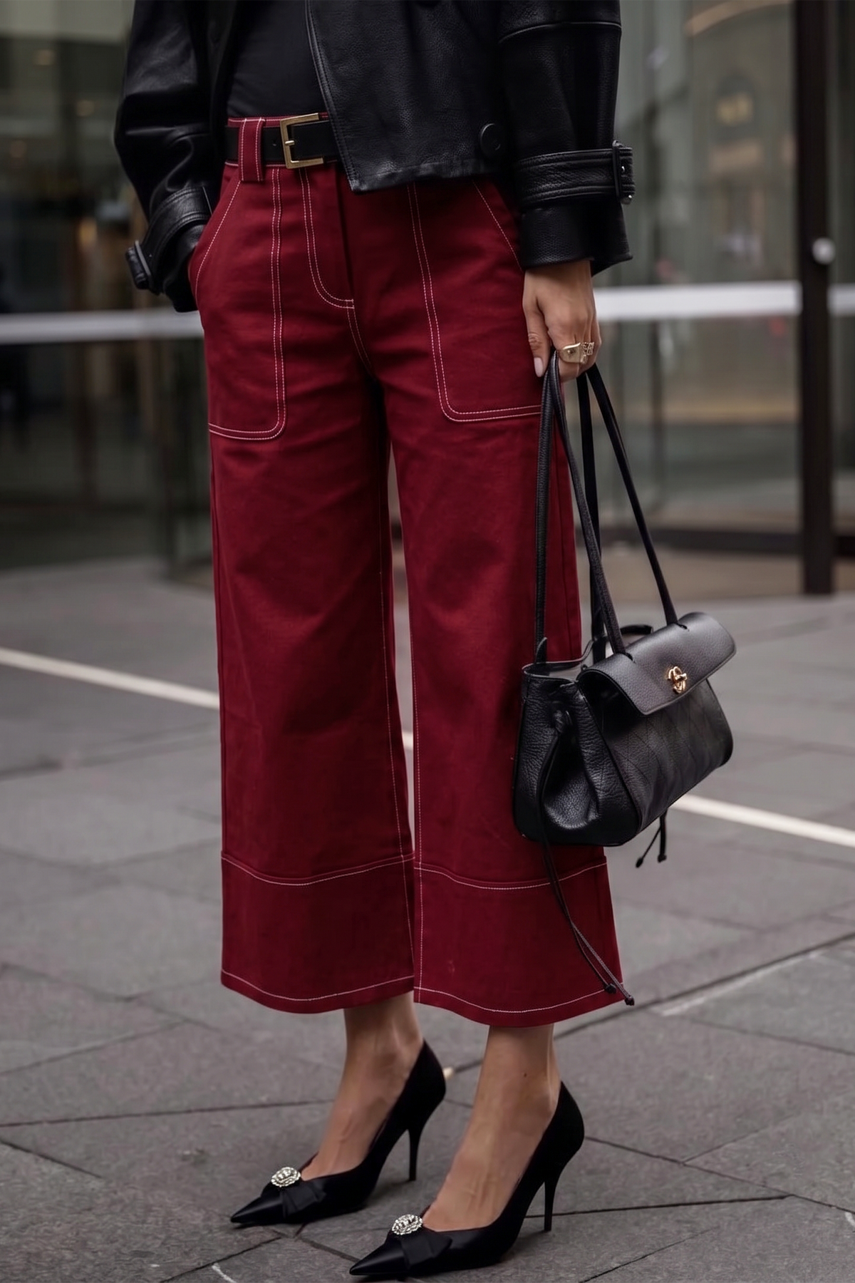 High Rise Stitch Detail Crop Wide-Leg Trouser