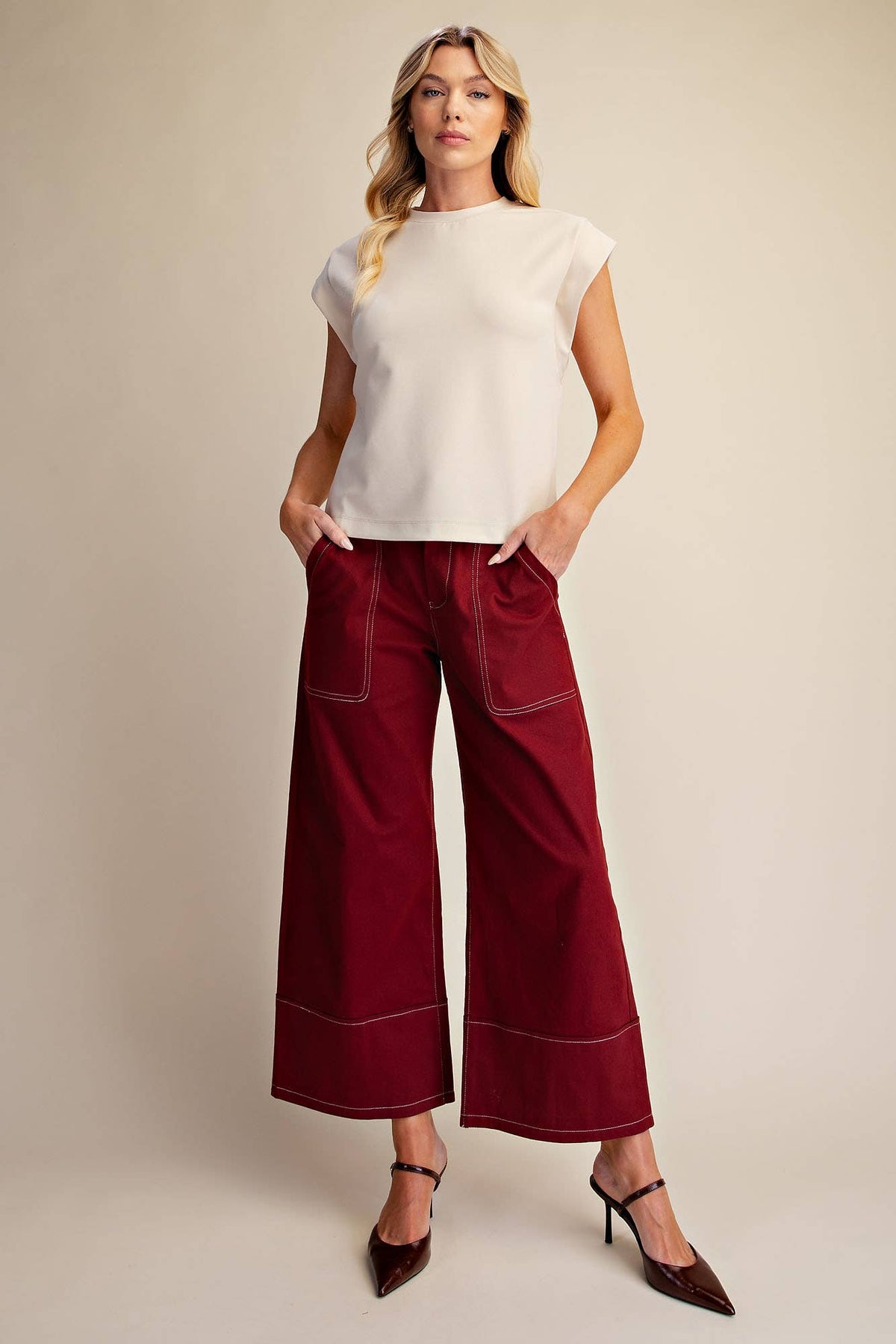 High Rise Stitch Detail Crop Wide-Leg Trouser